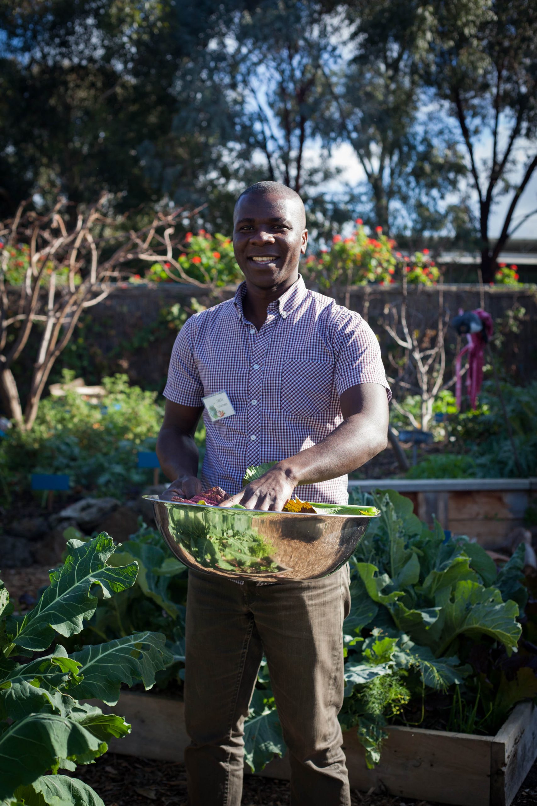 Man collecting vegetables in a metal bowl